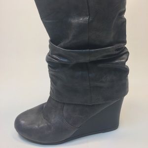 Gray, slouched, calf, wedge boots.